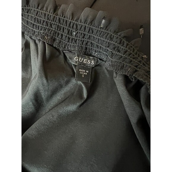 Guess Toya Off-Shoulder Smocked Blouse S NWT Black Shimmer Sheer Lined LS Top - Picture 7 of 9